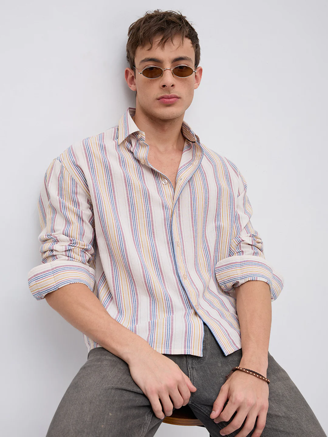 Ornate Multicolor Striped Linen Blend Boxy Fit Crop Shirt