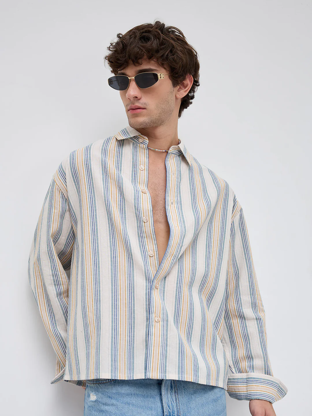 Ornate Multicolor Striped Linen Blend Boxy Fit Crop Shirt - Image 2