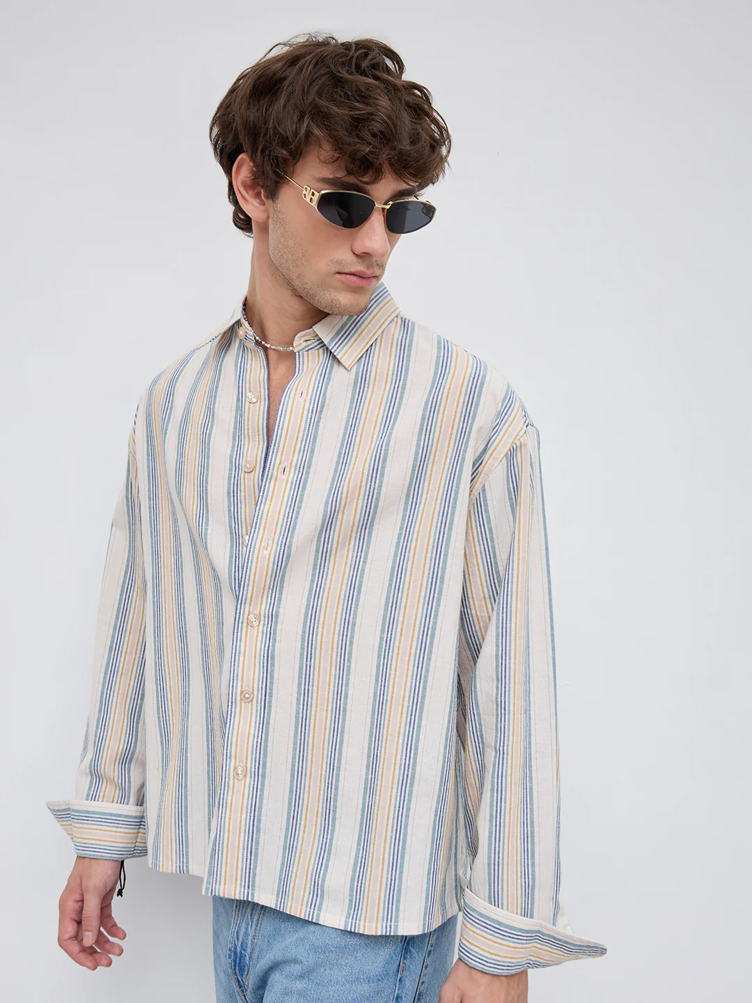 Ornate Multicolor Striped Linen Blend Boxy Fit Crop Shirt - Image 4