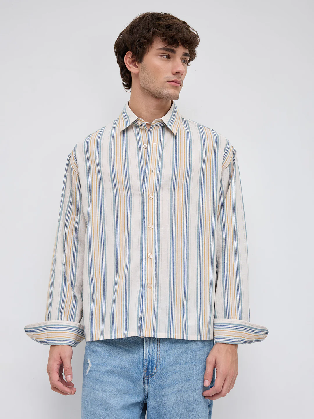Ornate Multicolor Striped Linen Blend Boxy Fit Crop Shirt - Image 5