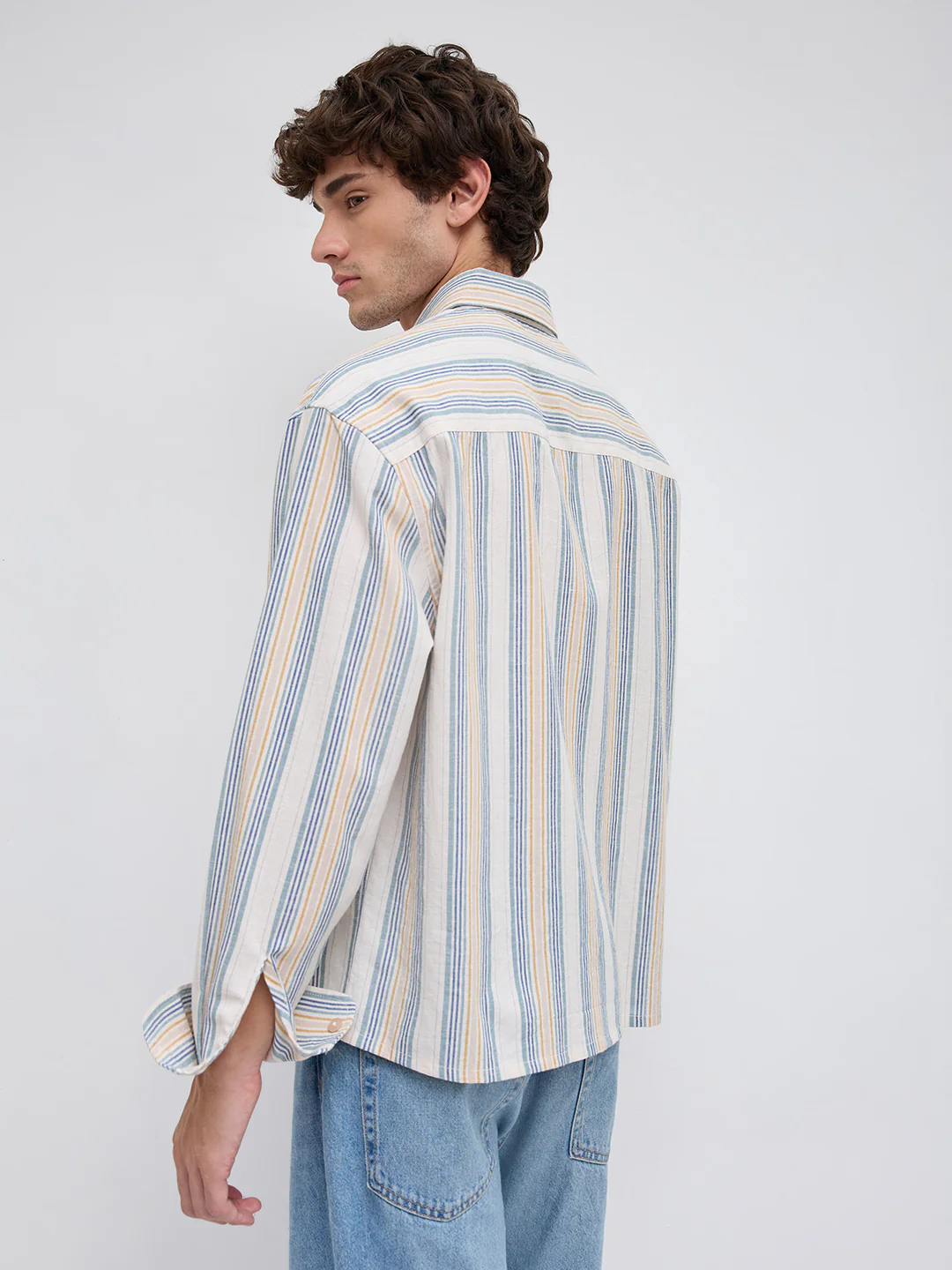 Ornate Multicolor Striped Linen Blend Boxy Fit Crop Shirt - Image 6