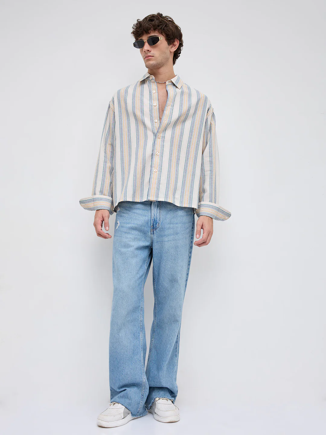 Ornate Multicolor Striped Linen Blend Boxy Fit Crop Shirt - Image 7