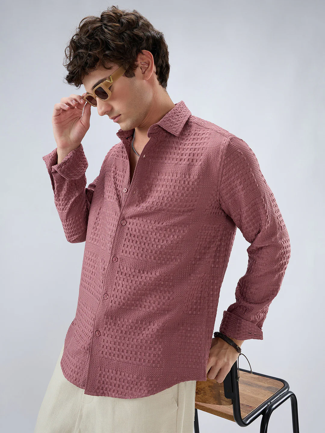 Ornate Turkish Rose Pink Raised Motif Textured Shirt - Image 2