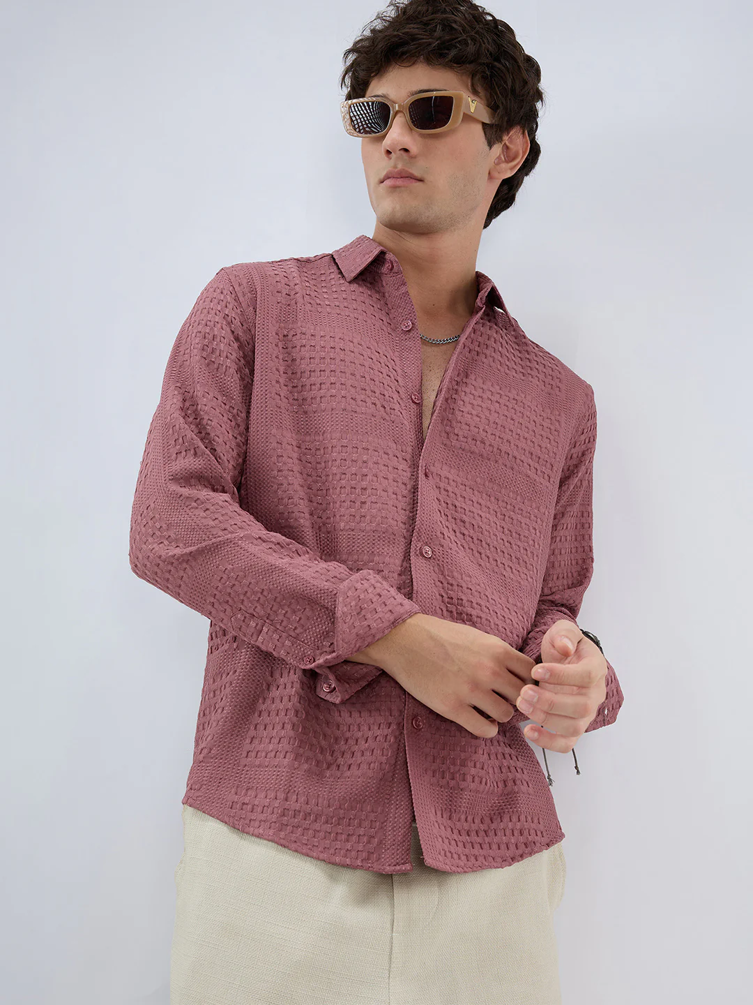 Ornate Turkish Rose Pink Raised Motif Textured Shirt - Image 5