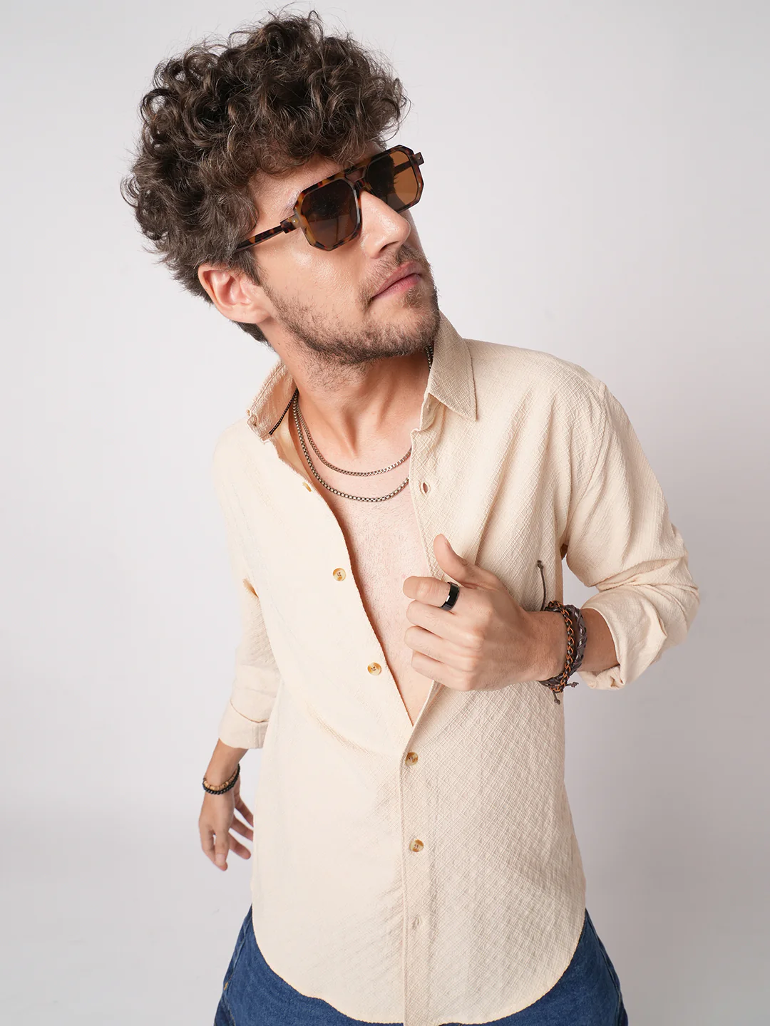 Oyster Cream Geometric Textured Shirt - Image 4