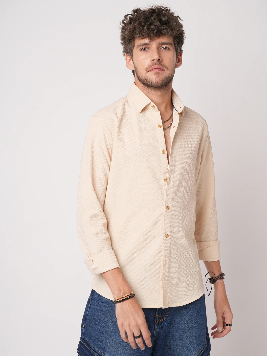 Oyster Cream Geometric Textured Shirt - Image 5