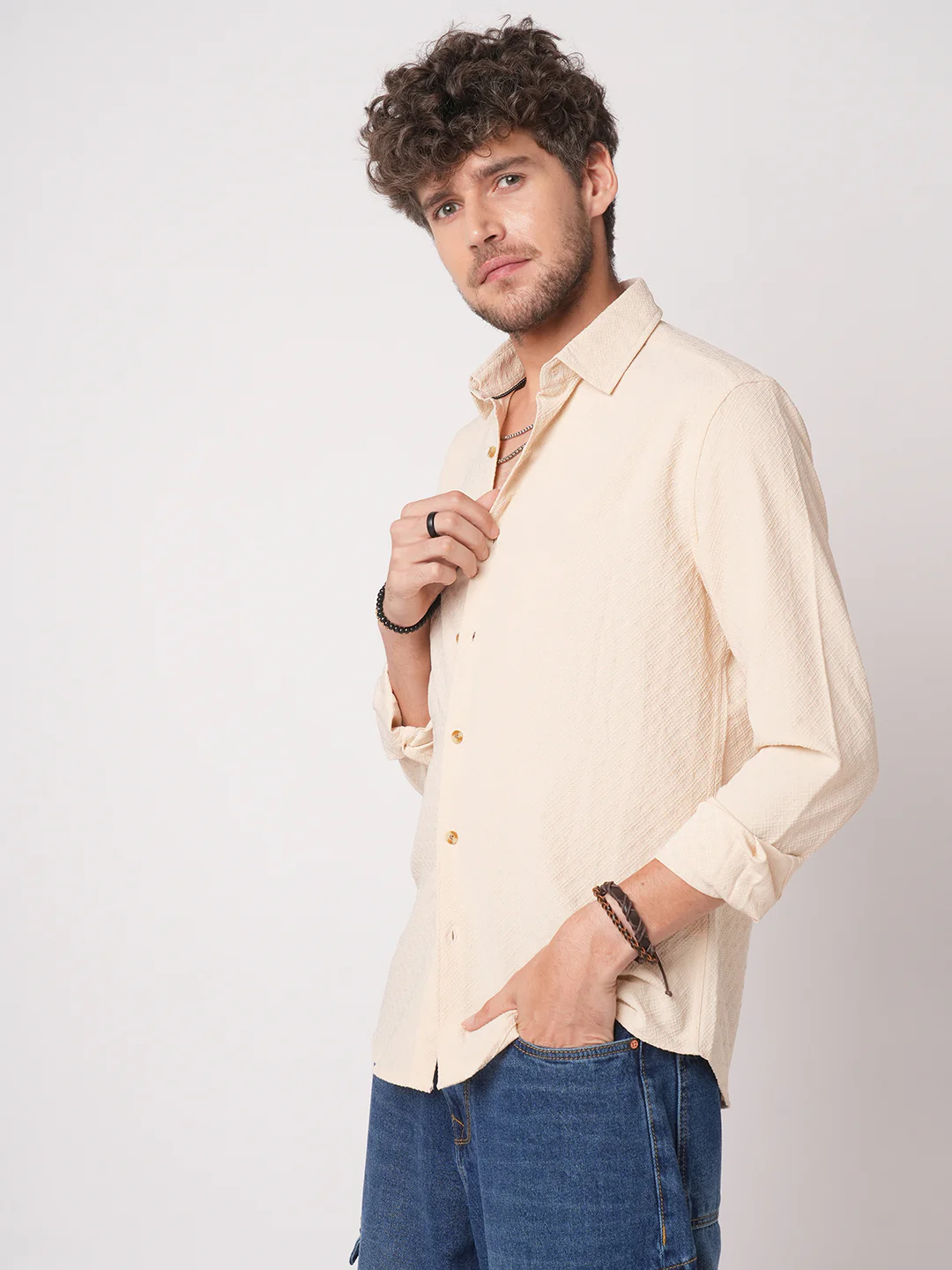 Oyster Cream Geometric Textured Shirt - Image 6
