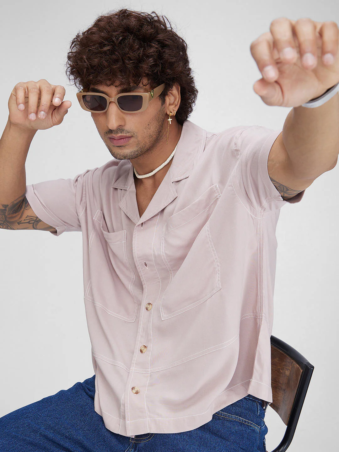 Pale Blush Double Pocket Oversized Cropped Shirt
