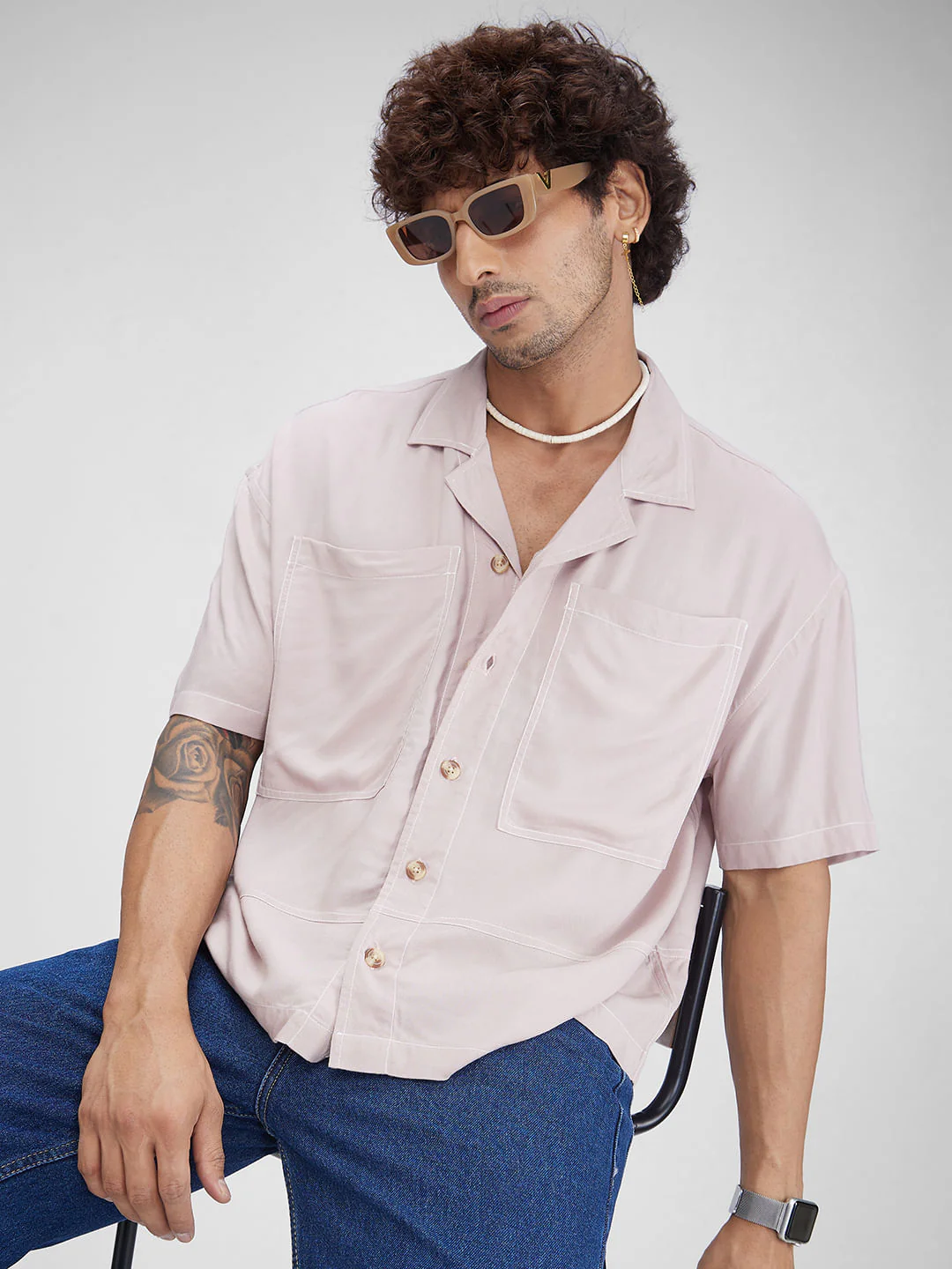 Pale Blush Double Pocket Oversized Cropped Shirt - Image 2