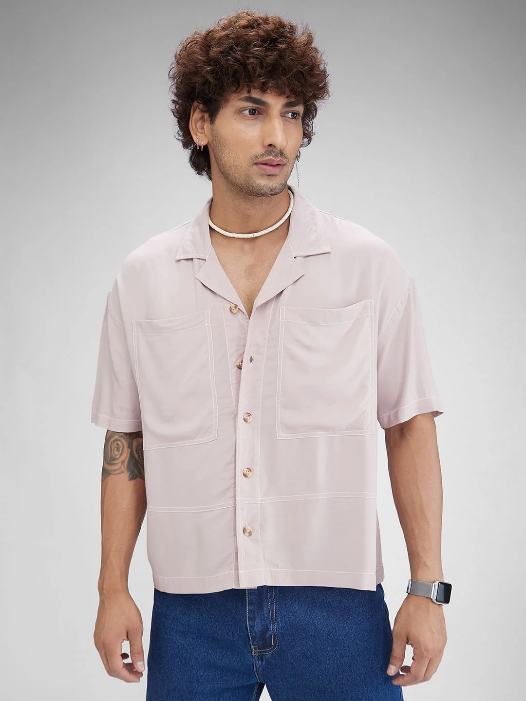 Pale Blush Double Pocket Oversized Cropped Shirt - Image 3