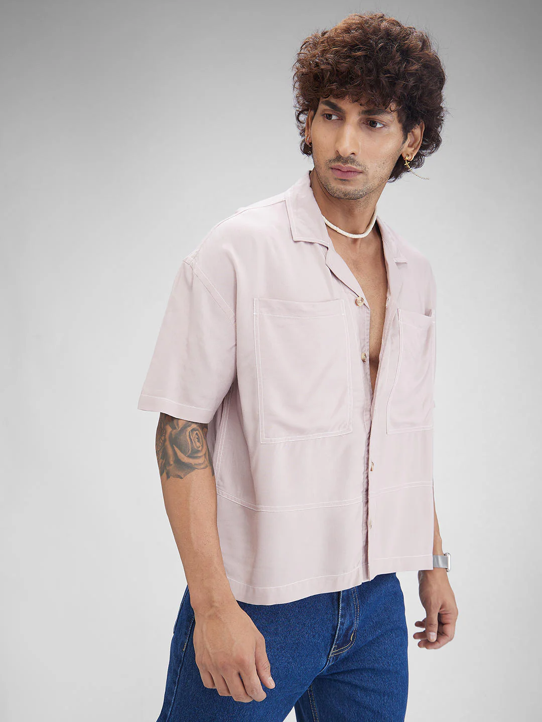 Pale Blush Double Pocket Oversized Cropped Shirt - Image 5