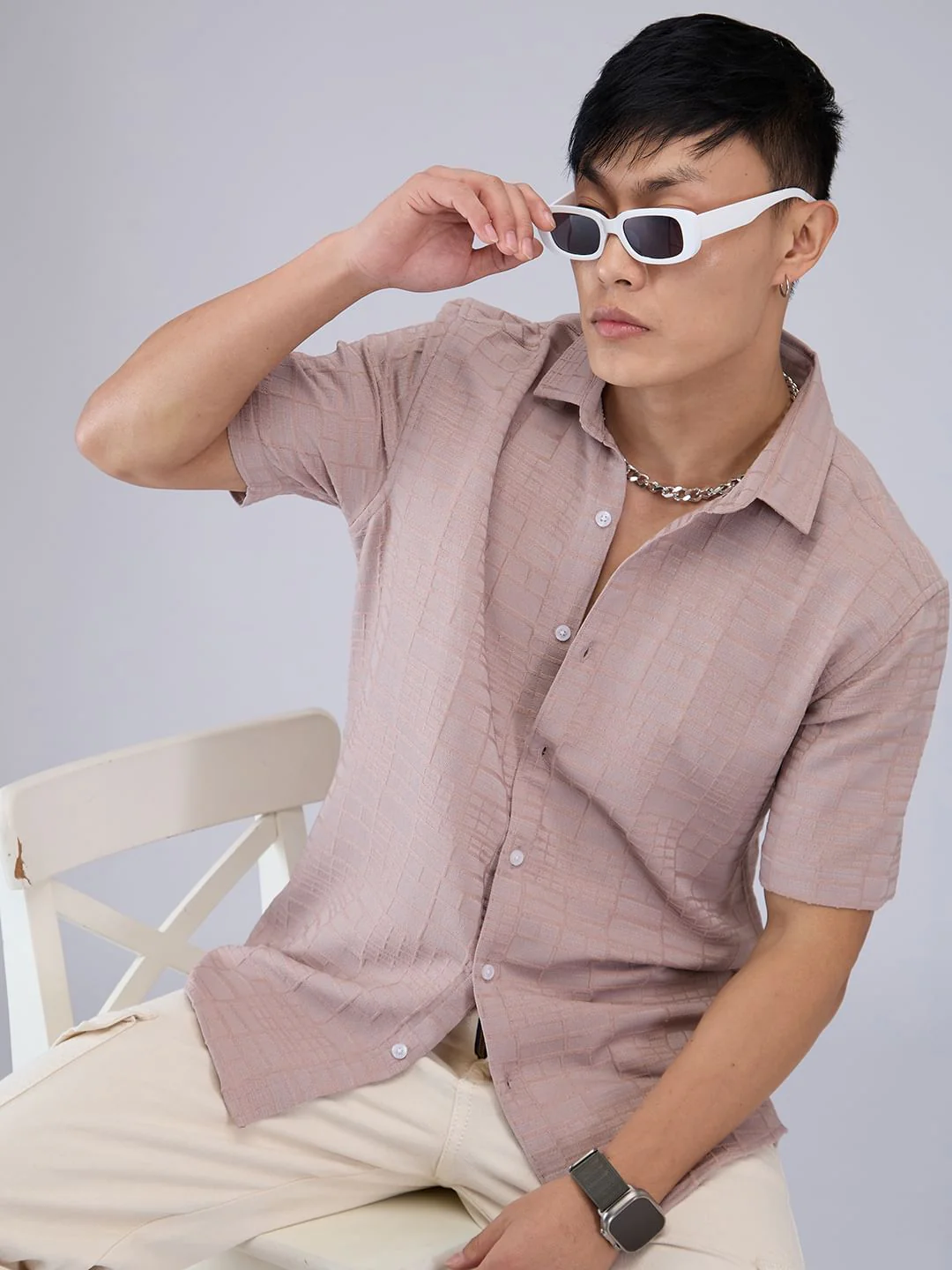 Pale Pink Bold Square Textured Shirt - Image 2