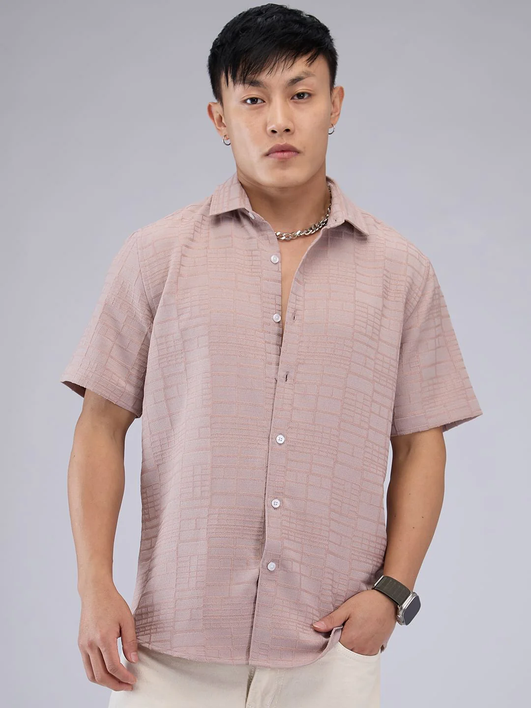 Pale Pink Bold Square Textured Shirt - Image 4