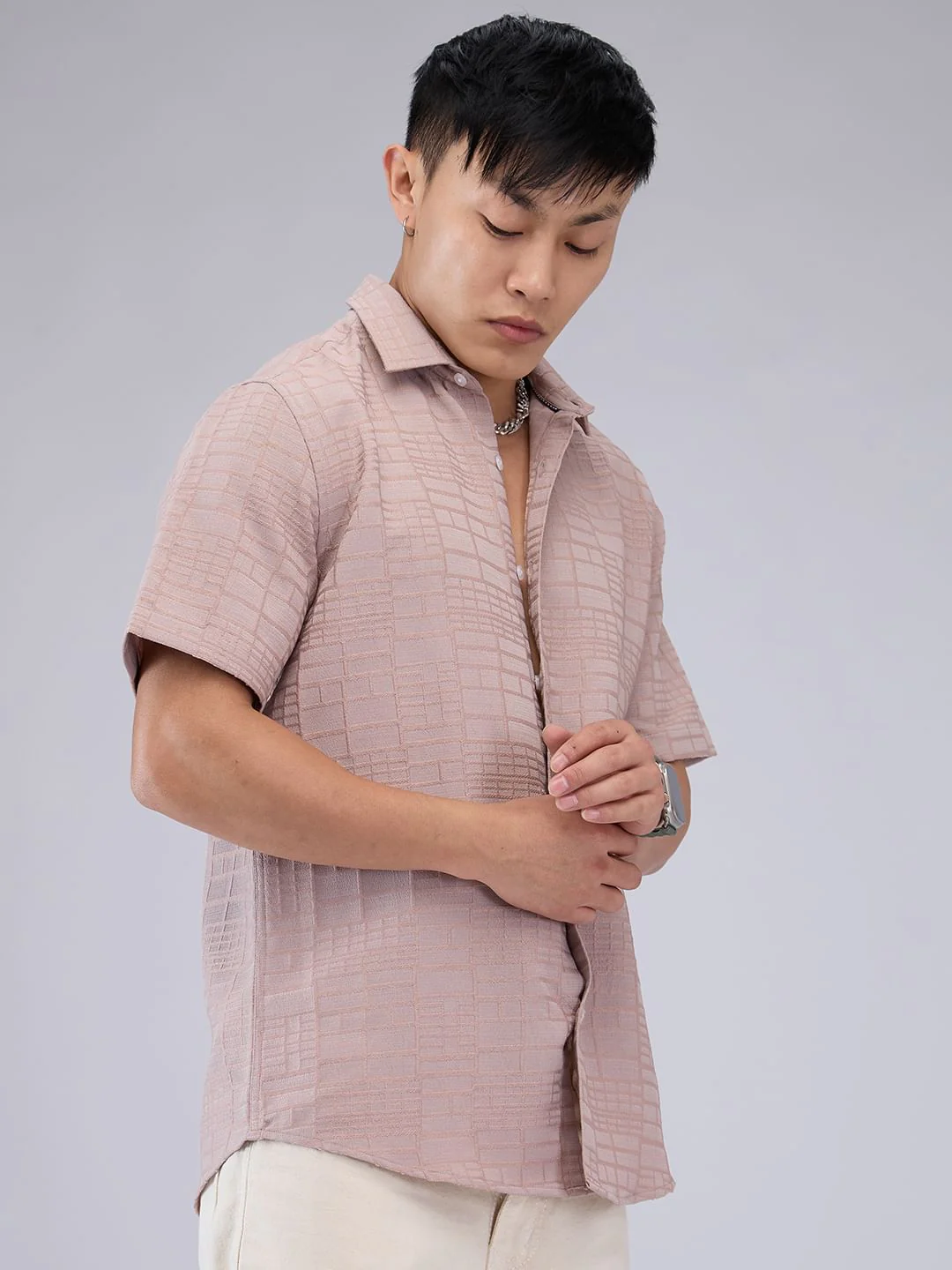 Pale Pink Bold Square Textured Shirt - Image 6