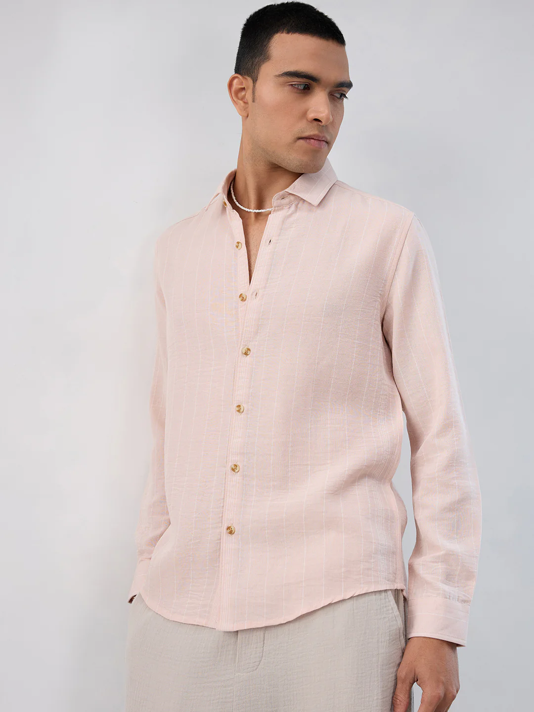Pale Pink Linear Loom Crinkled Shirt