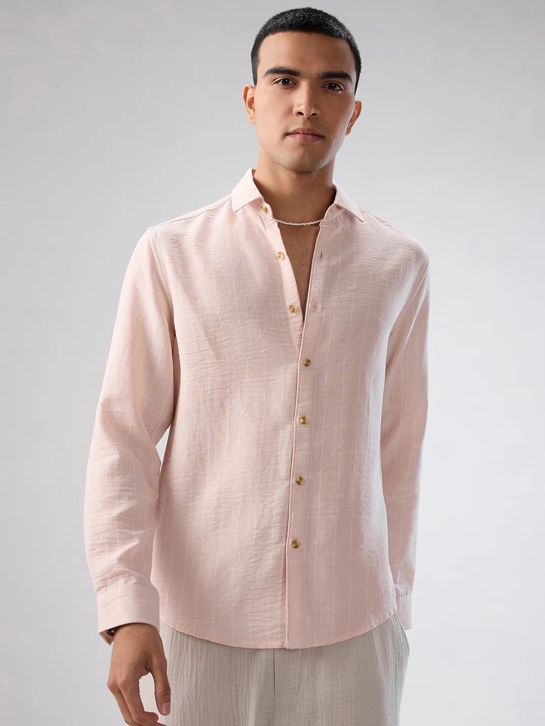 Pale Pink Linear Loom Crinkled Shirt - Image 4