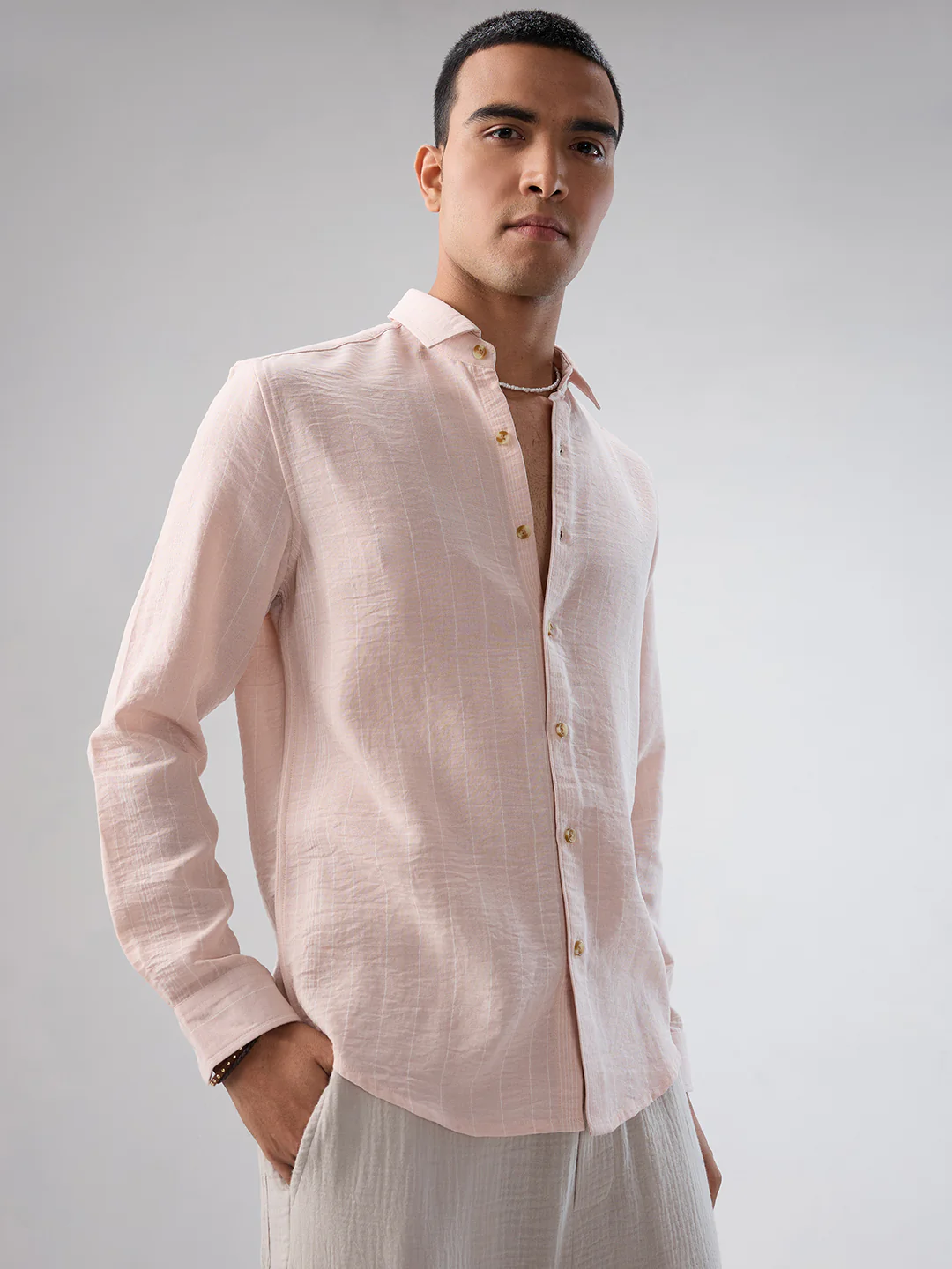 Pale Pink Linear Loom Crinkled Shirt - Image 5