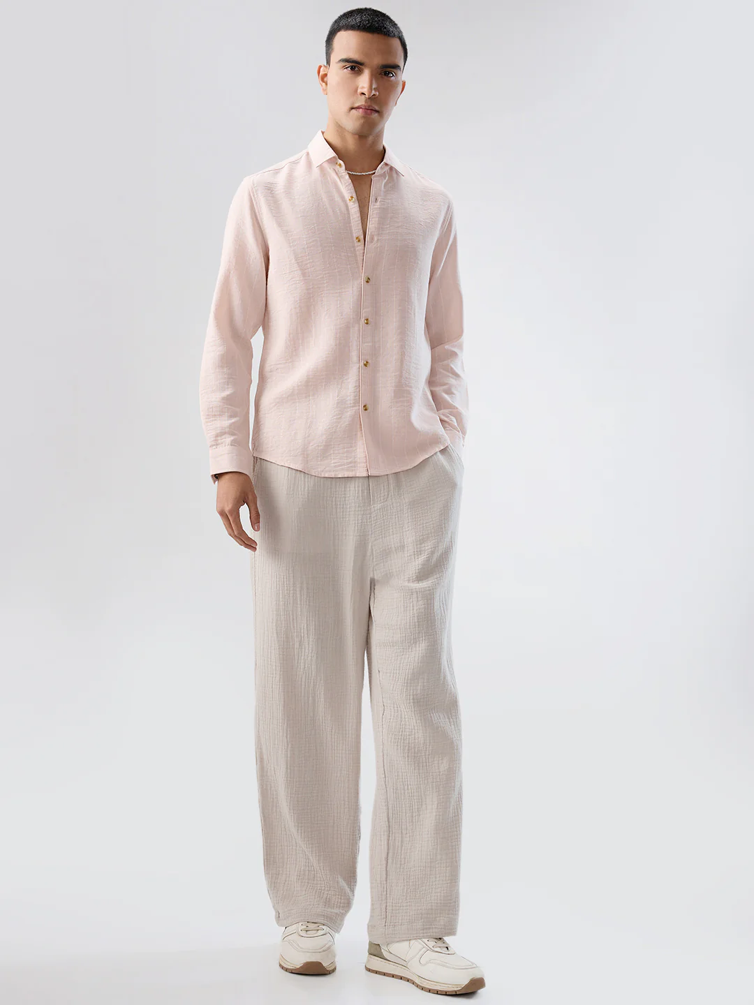 Pale Pink Linear Loom Crinkled Shirt - Image 8