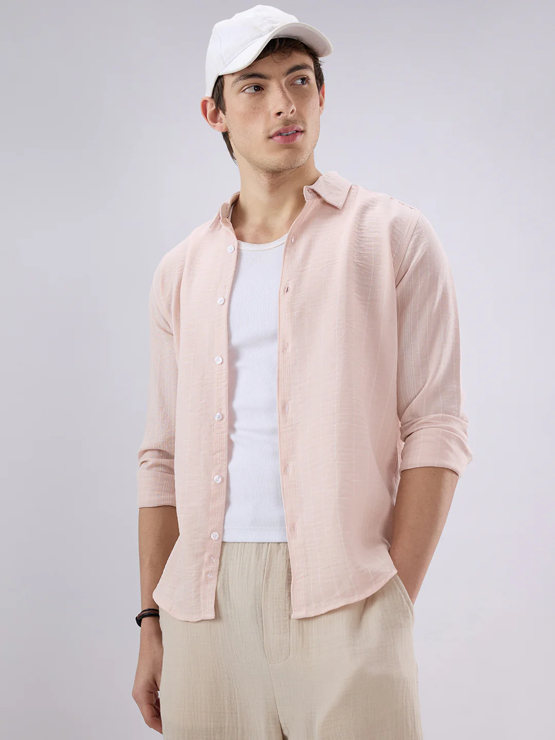 Pale Pink Linear Loom Crinkled Shirt - Image 4