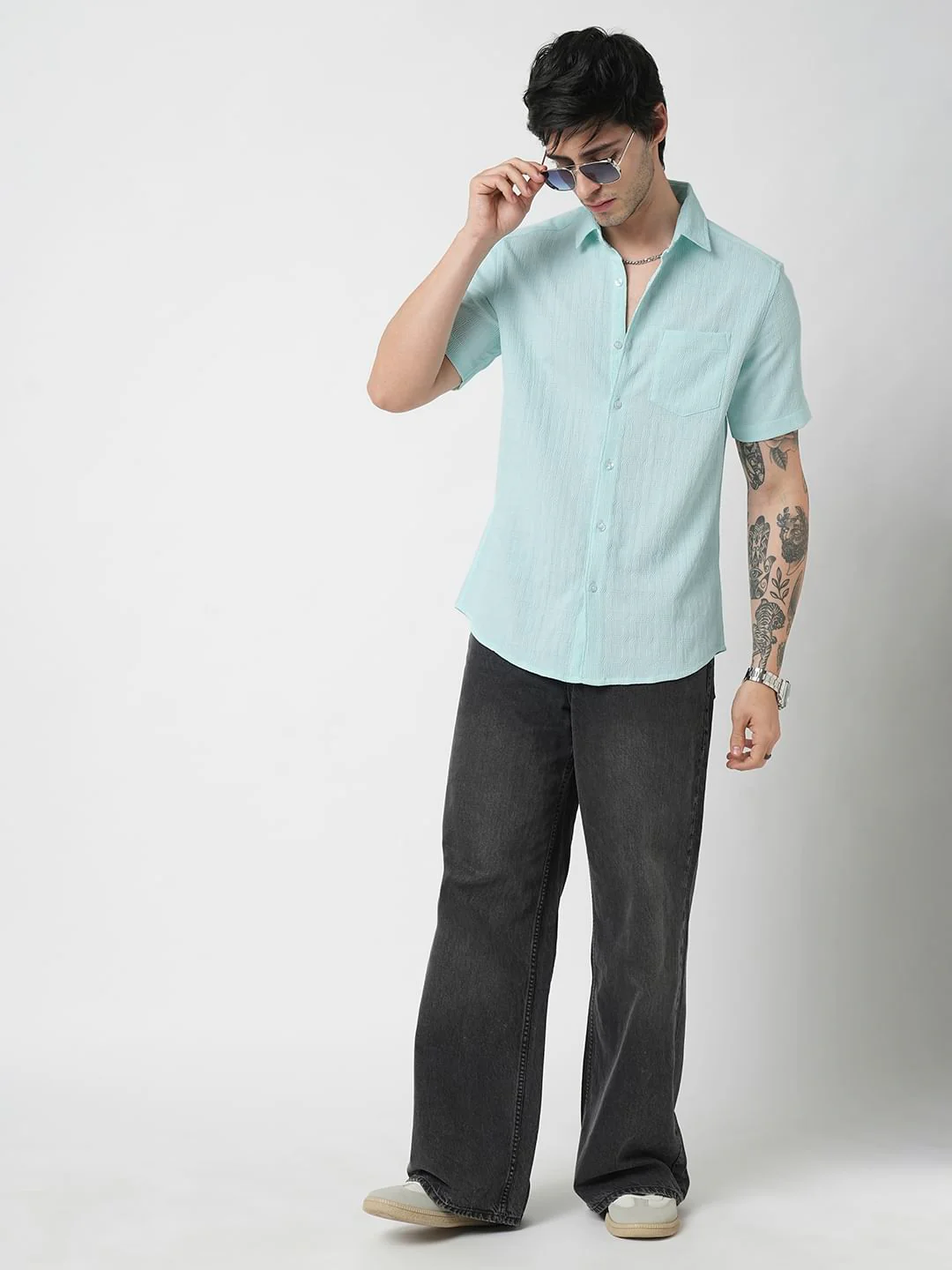 Pale Turquoise Blue Textured Shirt - Image 7