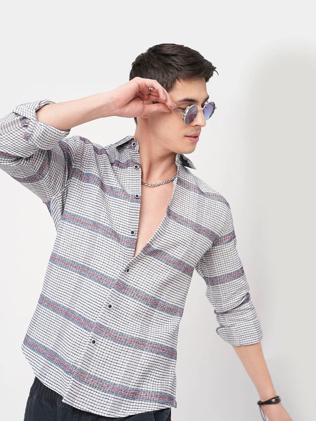 Panache White & Navy Textured Mini Checks Shirt - Image 2