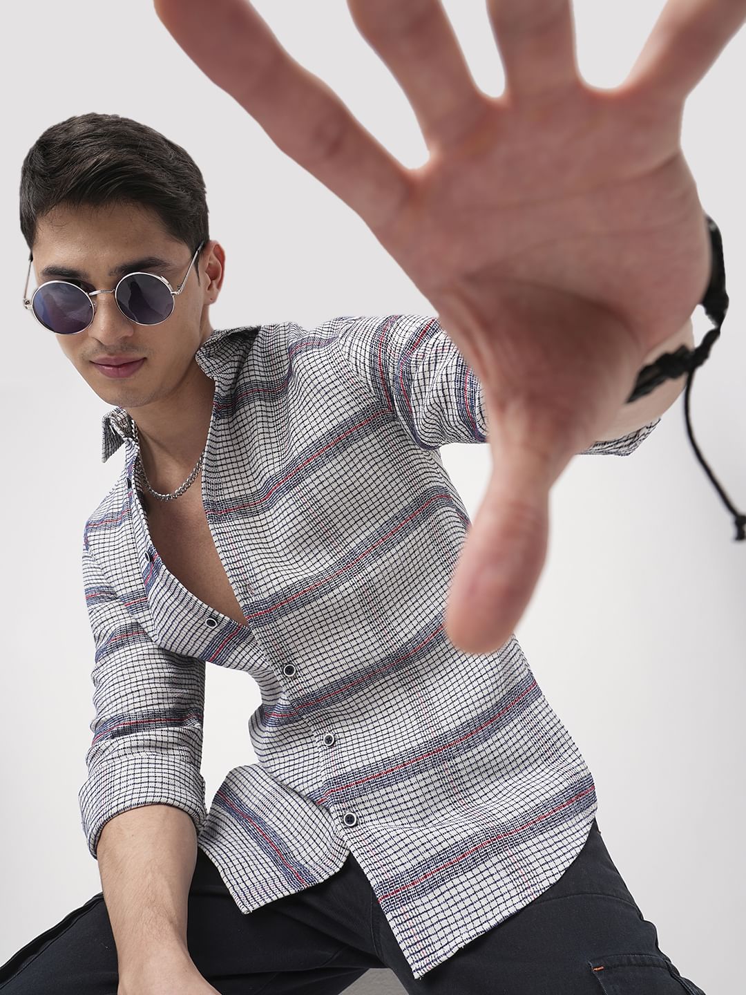 Panache White & Navy Textured Mini Checks Shirt - Image 4