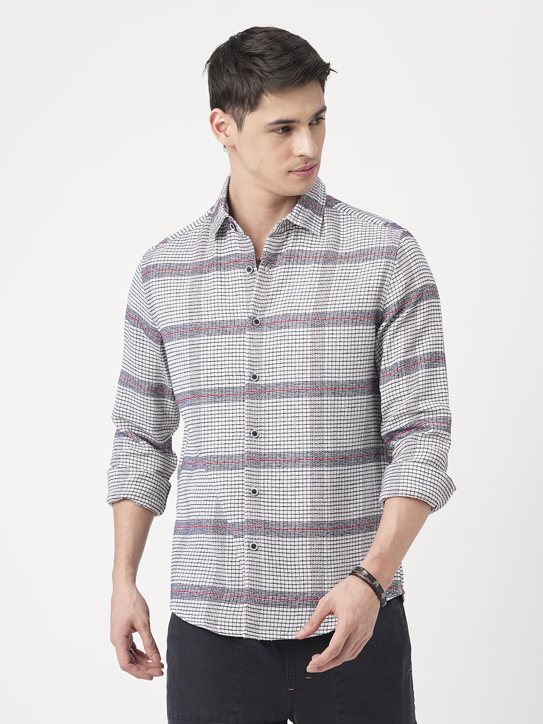 Panache White & Navy Textured Mini Checks Shirt - Image 5