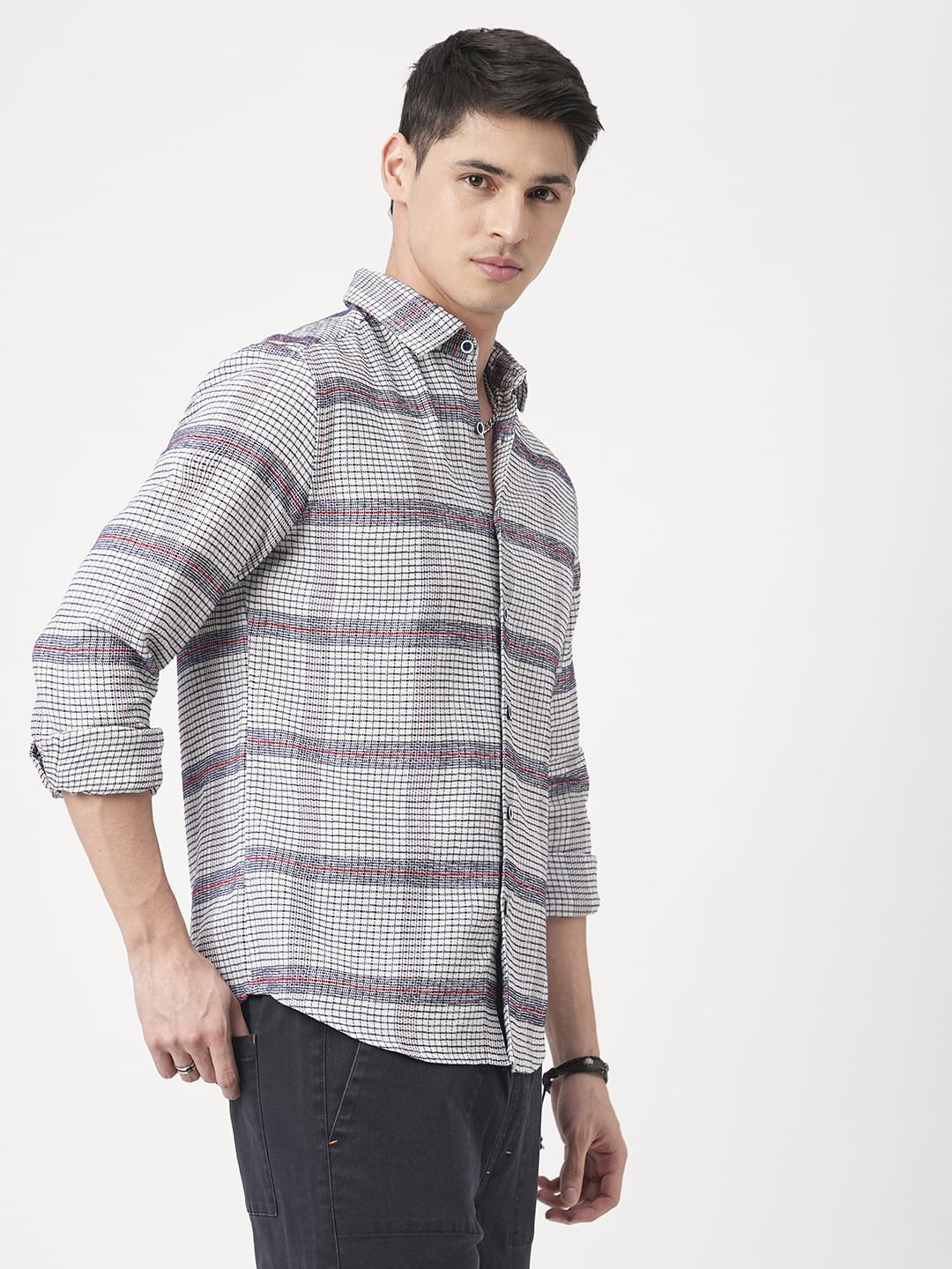Panache White & Navy Textured Mini Checks Shirt - Image 6