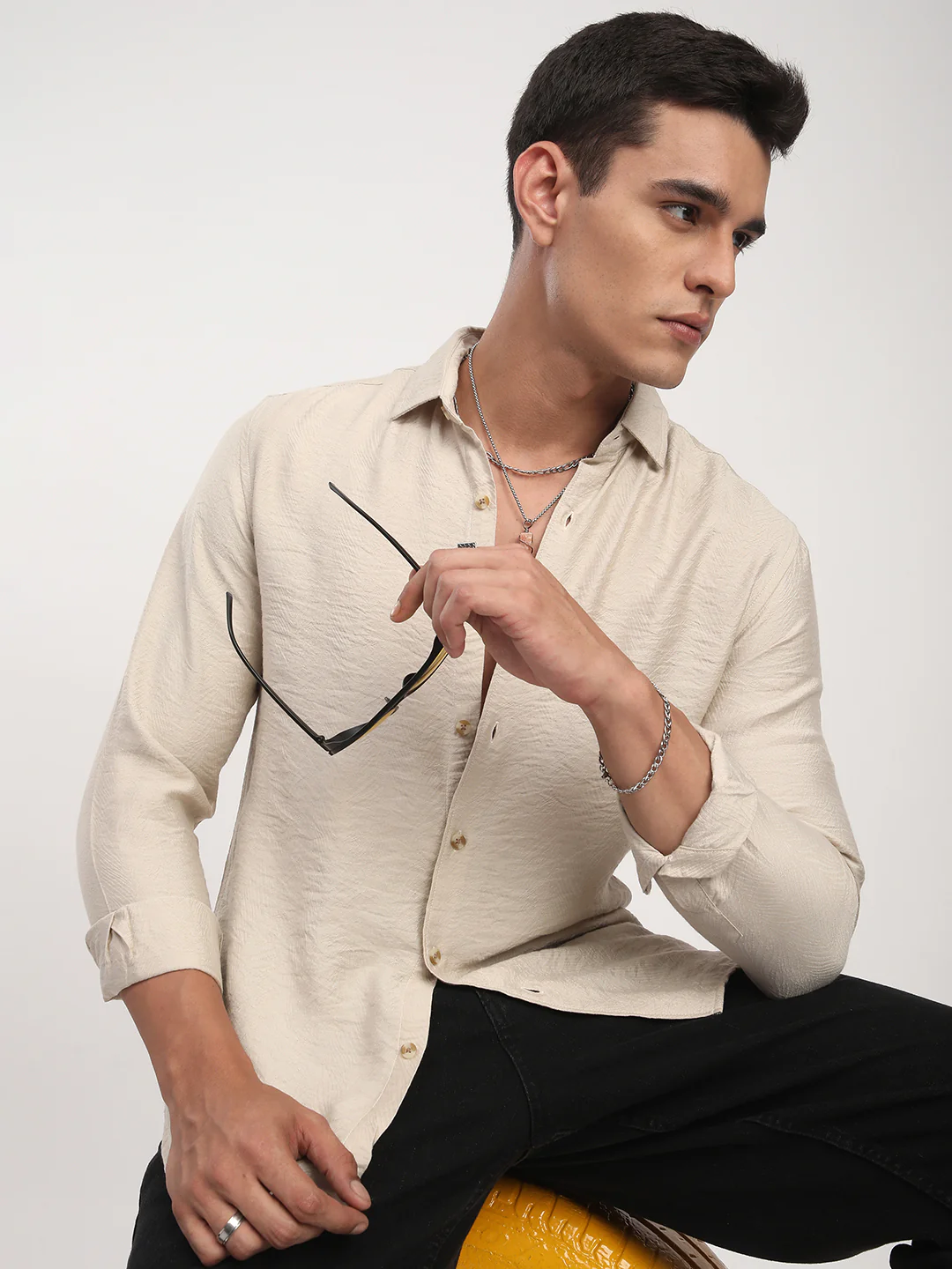 Parchment Beige Rhythmic Wave Jacquard Shirt