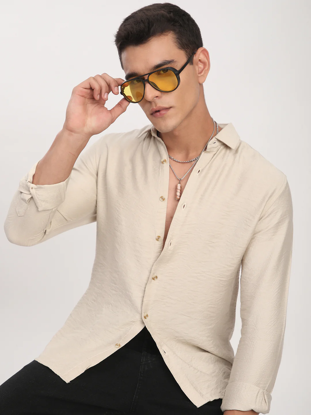 Parchment Beige Rhythmic Wave Jacquard Shirt - Image 2