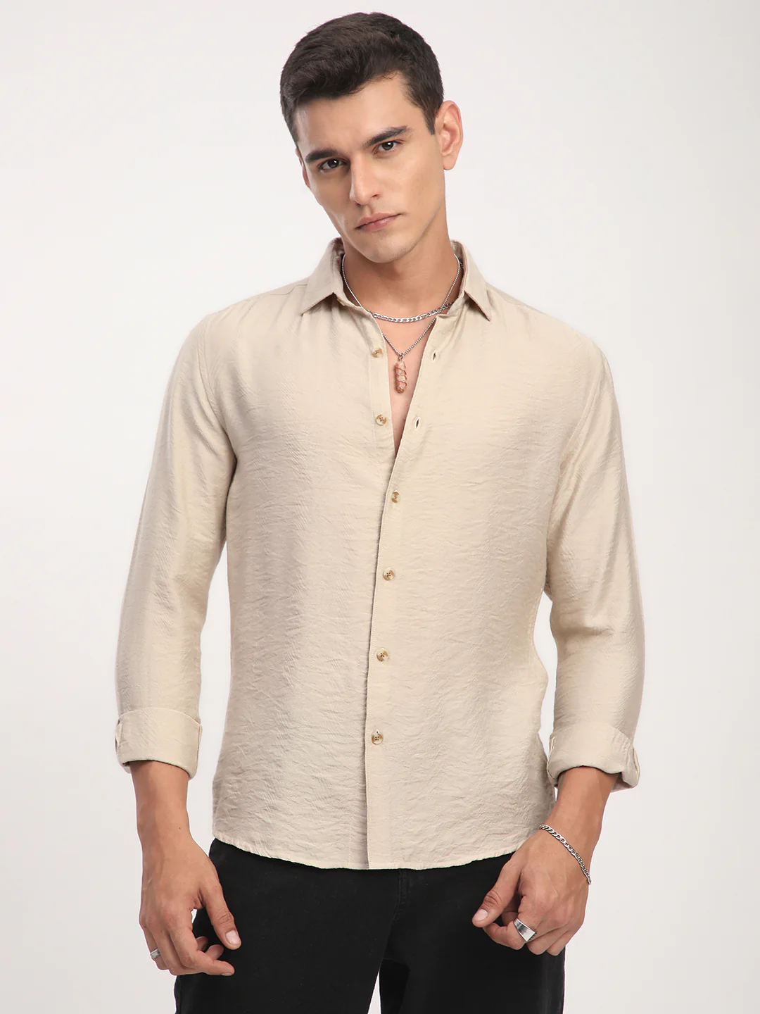 Parchment Beige Rhythmic Wave Jacquard Shirt - Image 4