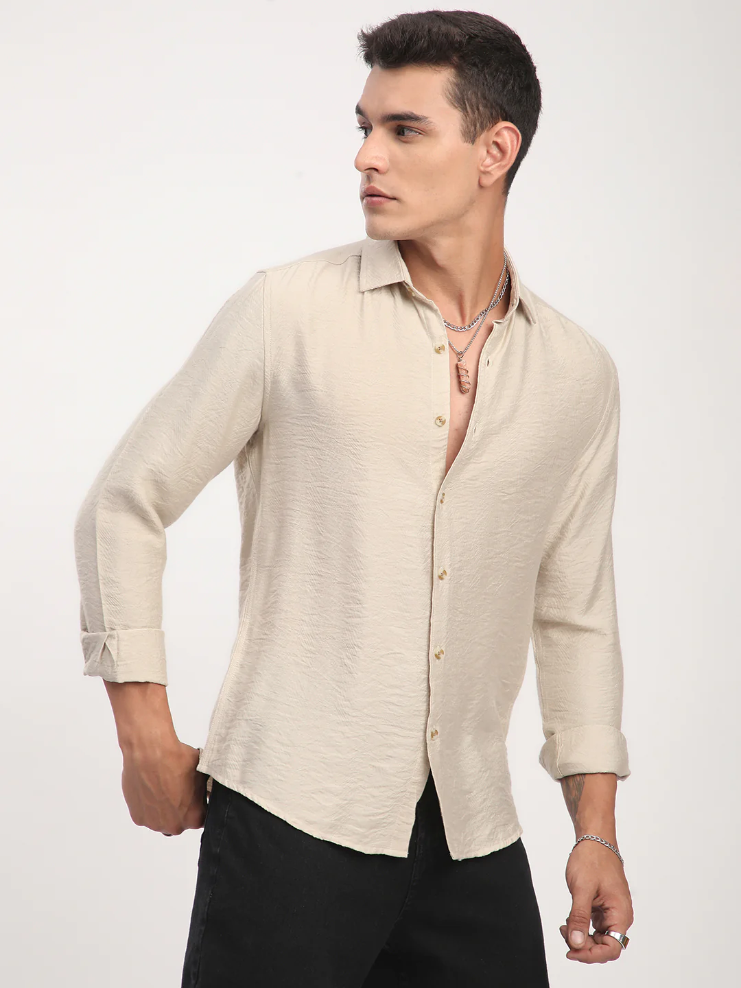Parchment Beige Rhythmic Wave Jacquard Shirt - Image 5