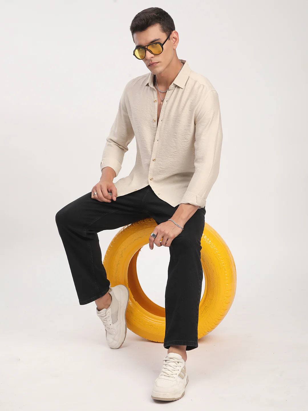Parchment Beige Rhythmic Wave Jacquard Shirt - Image 7