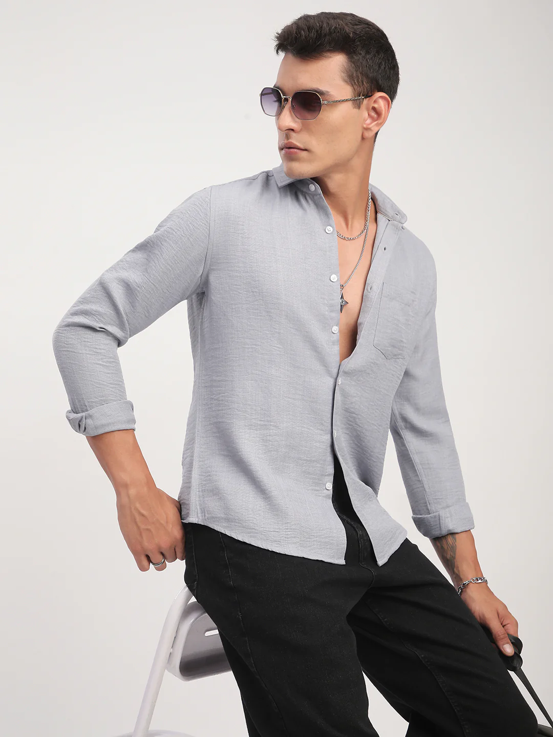 Pastel Blue Minimalist Solid Crinkled Shirt - Image 2