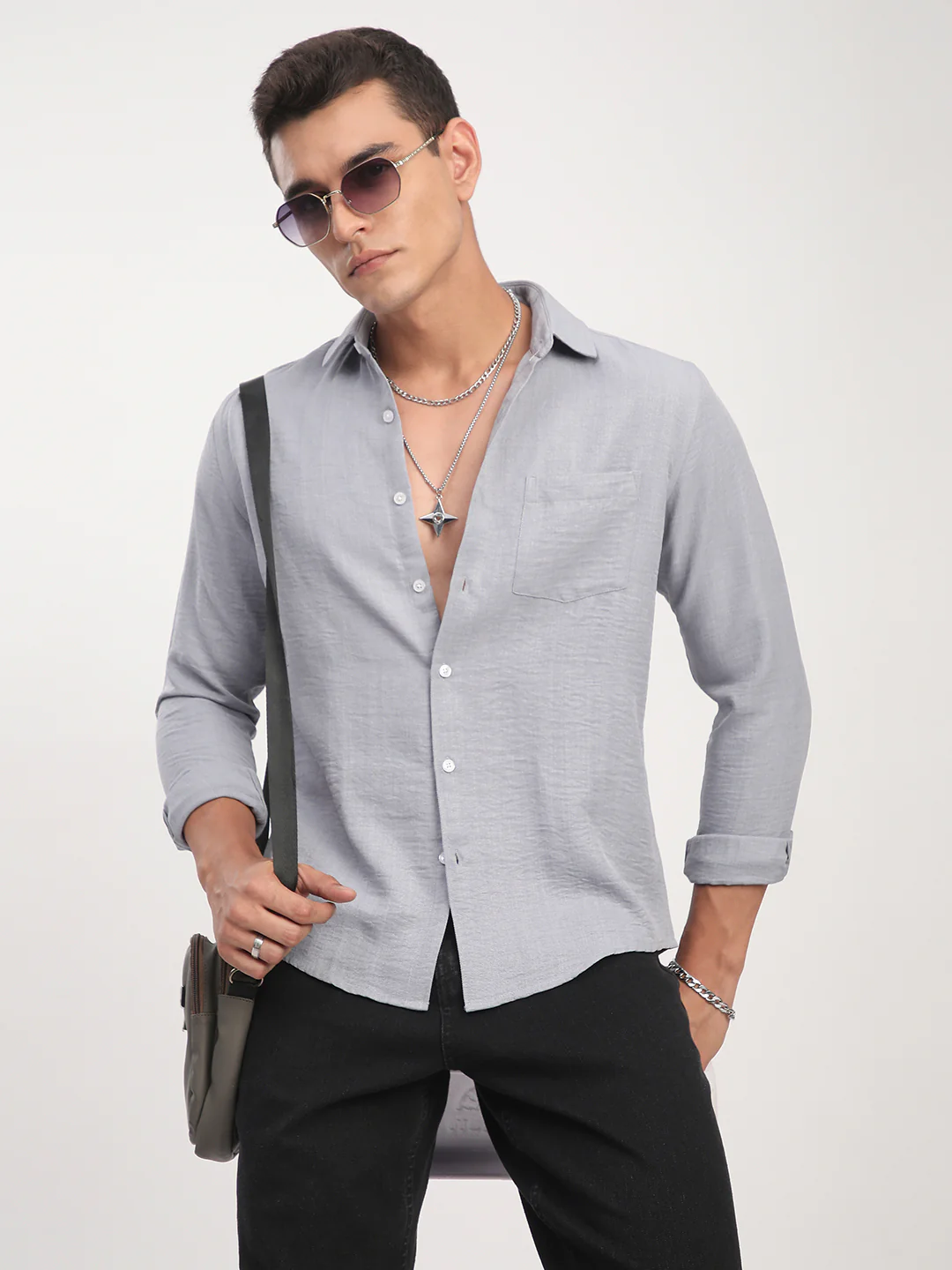 Pastel Blue Minimalist Solid Crinkled Shirt - Image 3