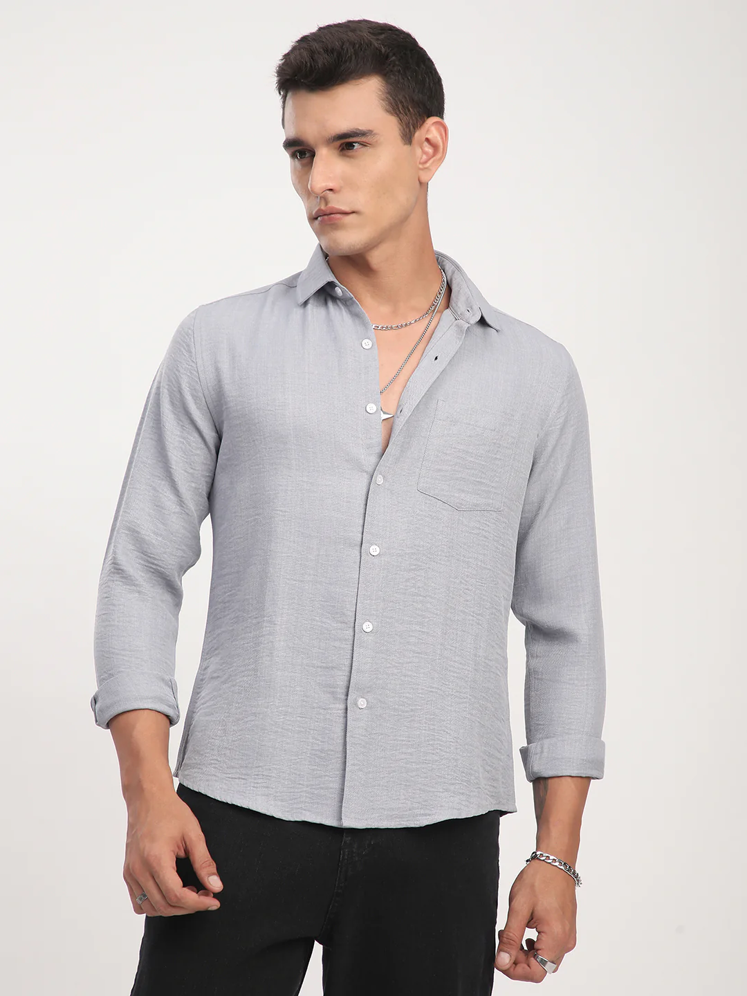 Pastel Blue Minimalist Solid Crinkled Shirt - Image 4