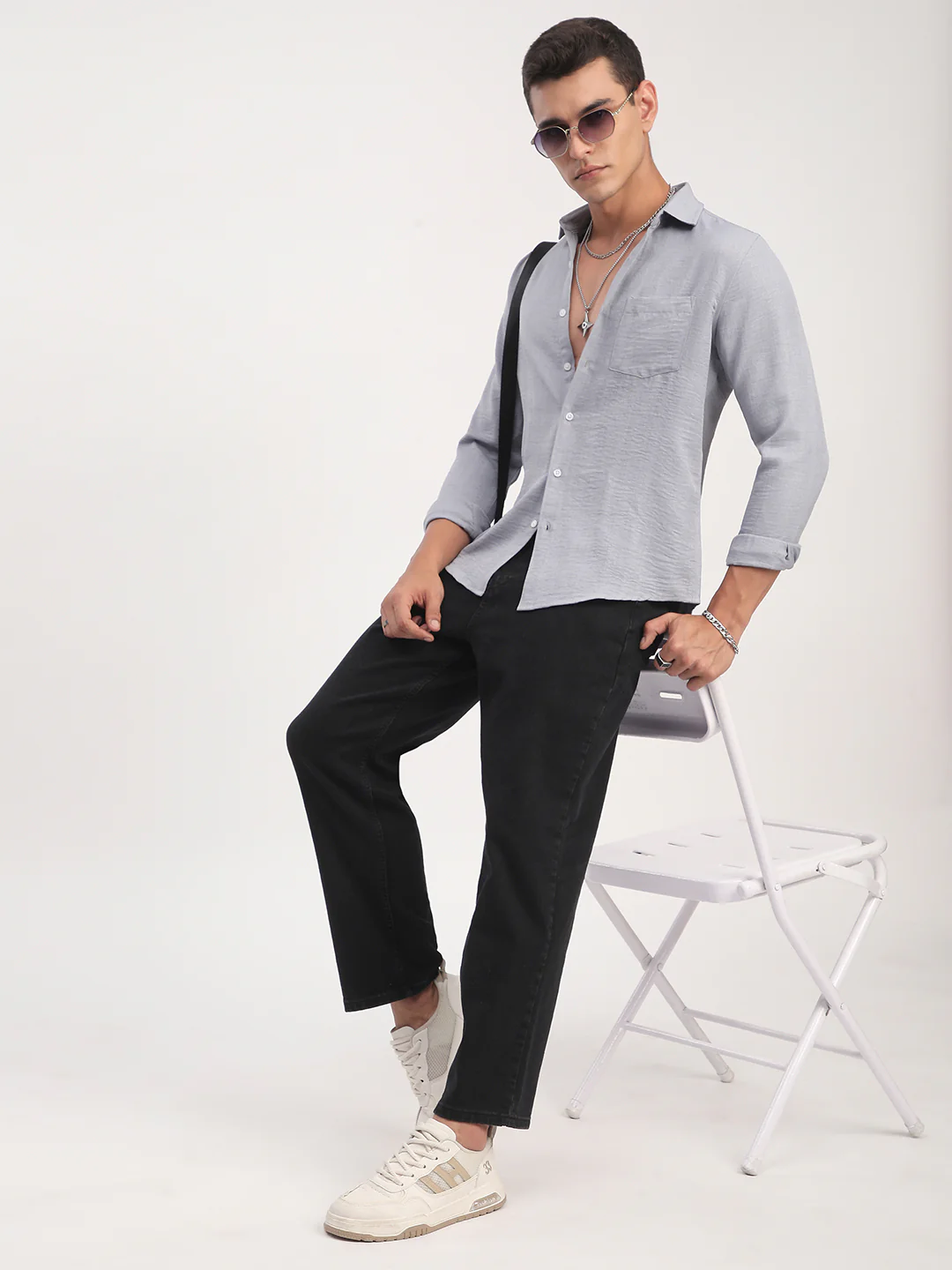 Pastel Blue Minimalist Solid Crinkled Shirt - Image 7