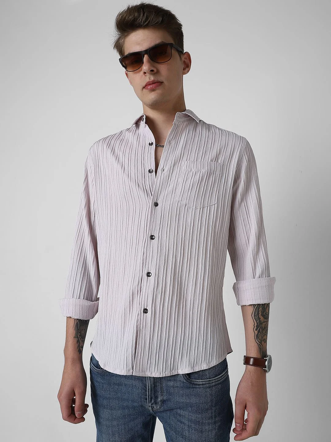 Pastel Candy Pink Line Textured Shirt - Image 4