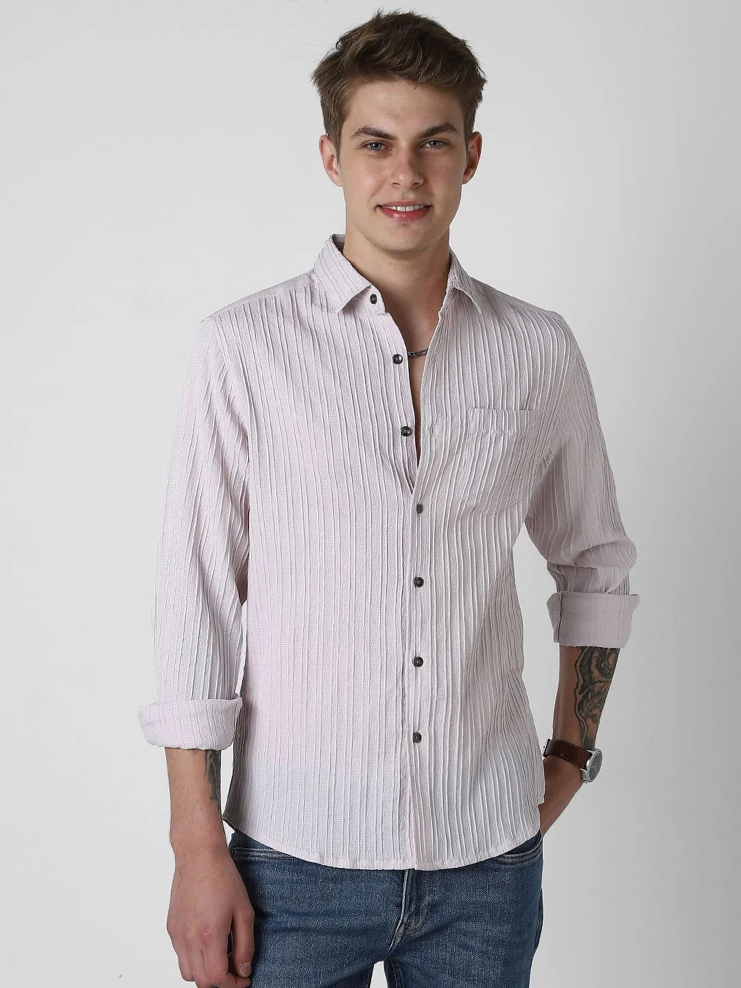 Pastel Candy Pink Line Textured Shirt - Image 5