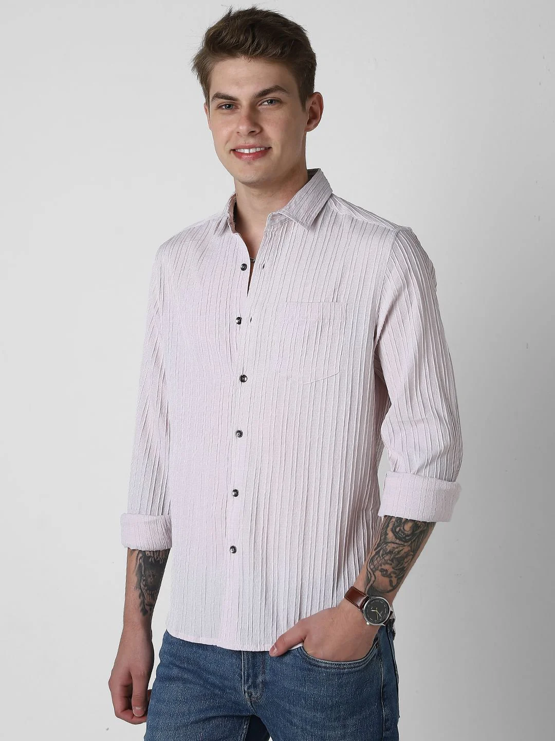 Pastel Candy Pink Line Textured Shirt - Image 6