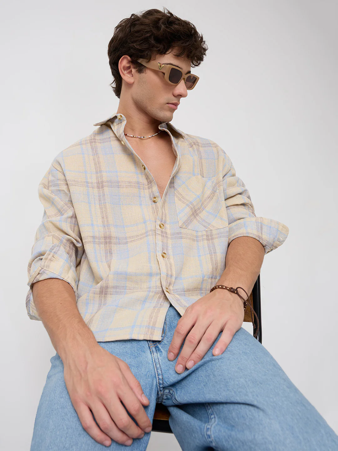Pastel Dune Soft Plaid Checks Boxy Fit Crop Shirt - Image 2