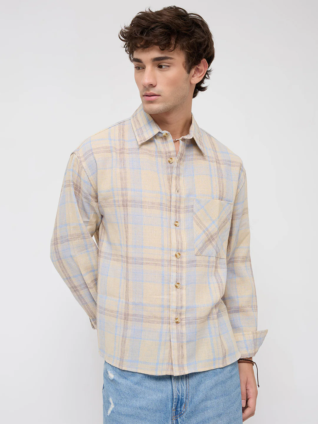 Pastel Dune Soft Plaid Checks Boxy Fit Crop Shirt - Image 5