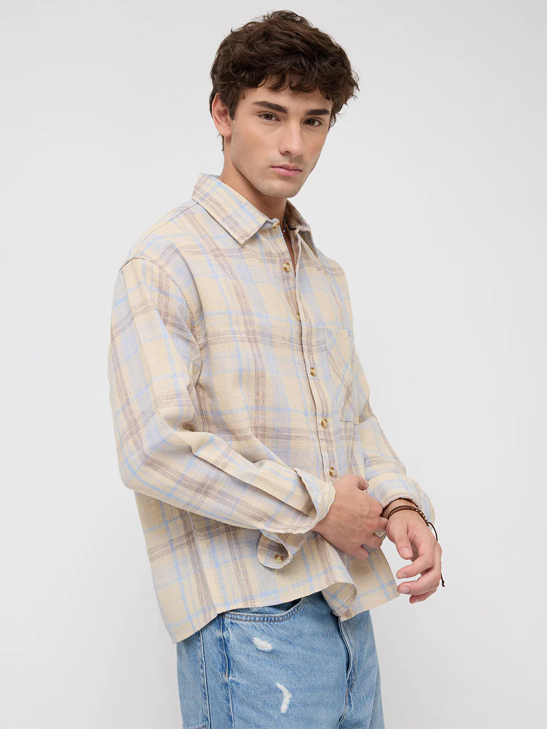 Pastel Dune Soft Plaid Checks Boxy Fit Crop Shirt - Image 6