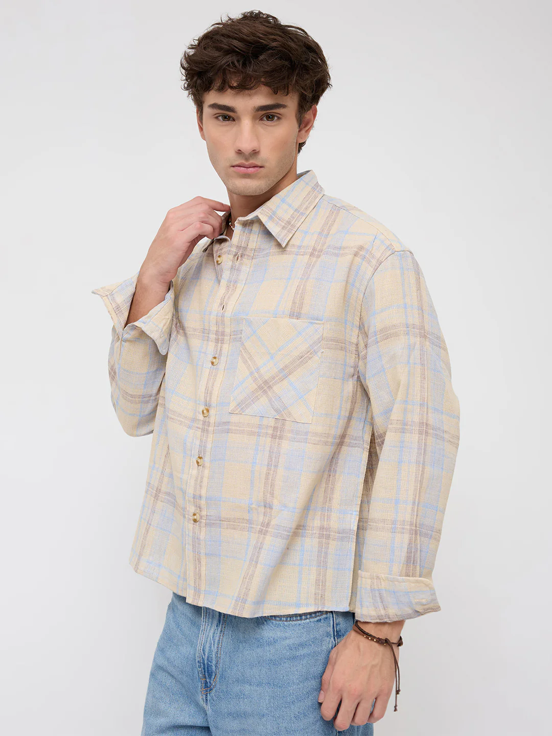 Pastel Dune Soft Plaid Checks Boxy Fit Crop Shirt - Image 7