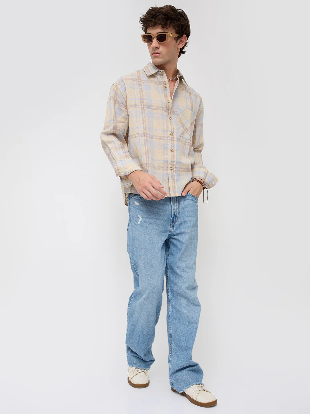 Pastel Dune Soft Plaid Checks Boxy Fit Crop Shirt - Image 9