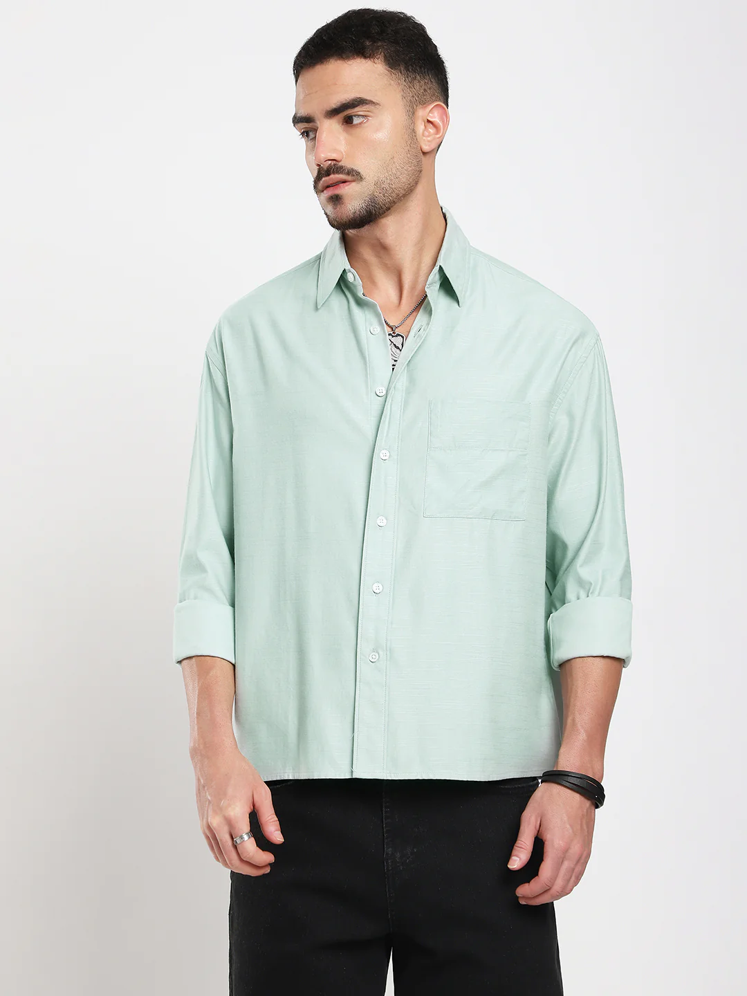 Pastel Green Slub Boxy Fit Crop Shirt - Image 5