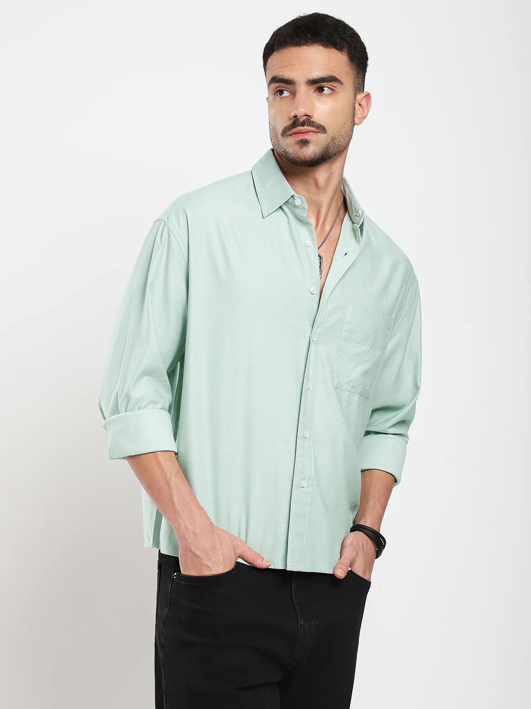Pastel Green Slub Boxy Fit Crop Shirt - Image 6
