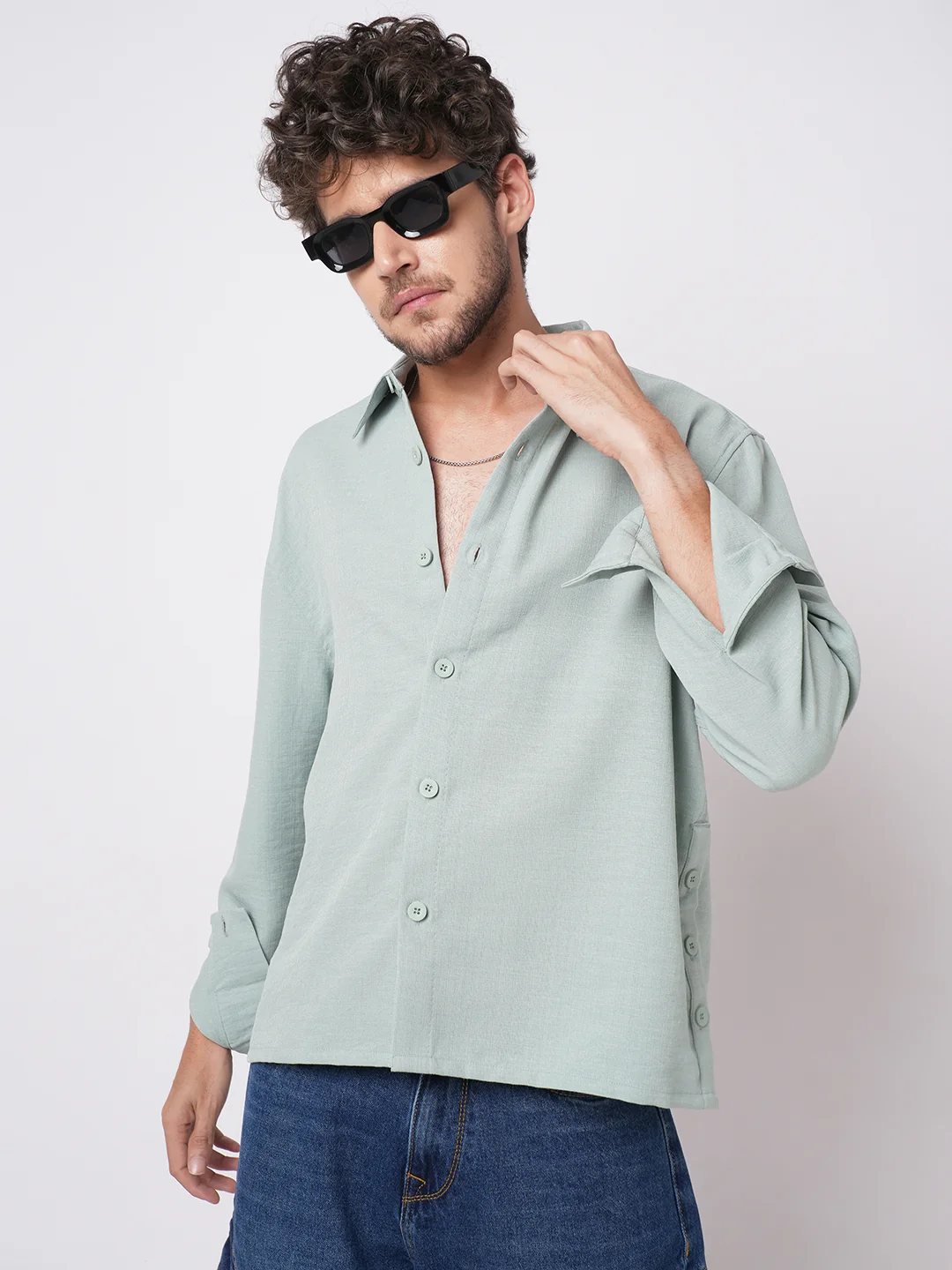Pastel Green Slub Textured Oversized Shirt - Image 2