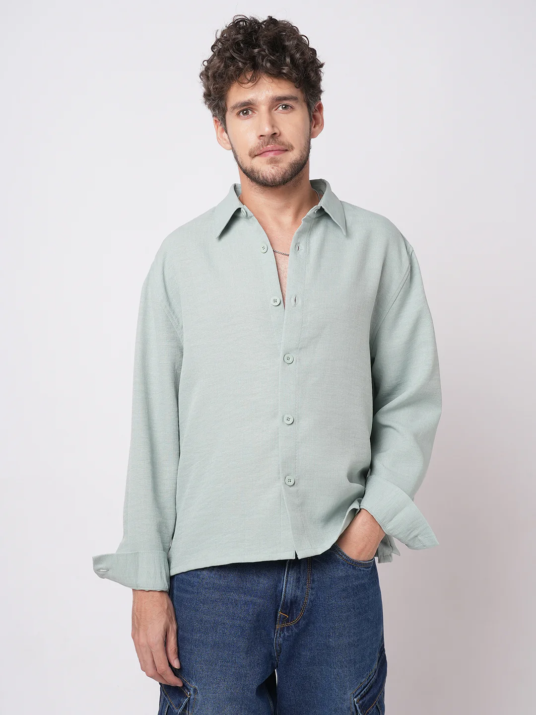 Pastel Green Slub Textured Oversized Shirt - Image 4