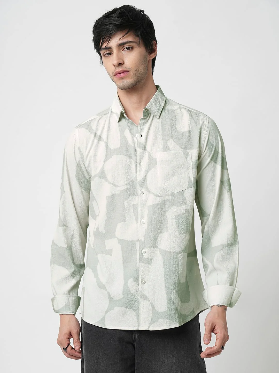 Pastel Mint Abstract Printed Crushed Shirt - Image 4